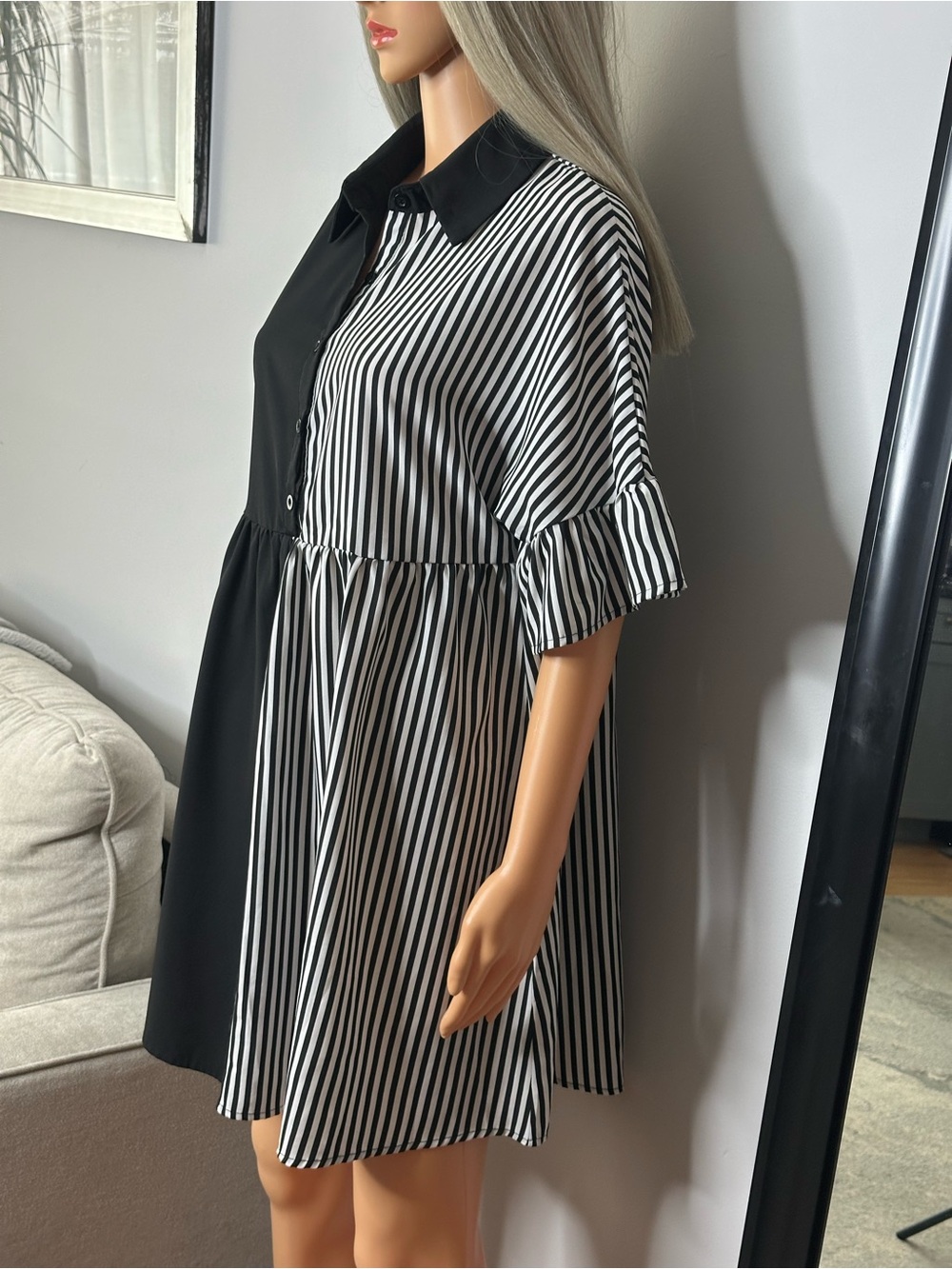 Black & White Striped Half-Button Shirt Dress Sz M like new - Picture 5 of 9